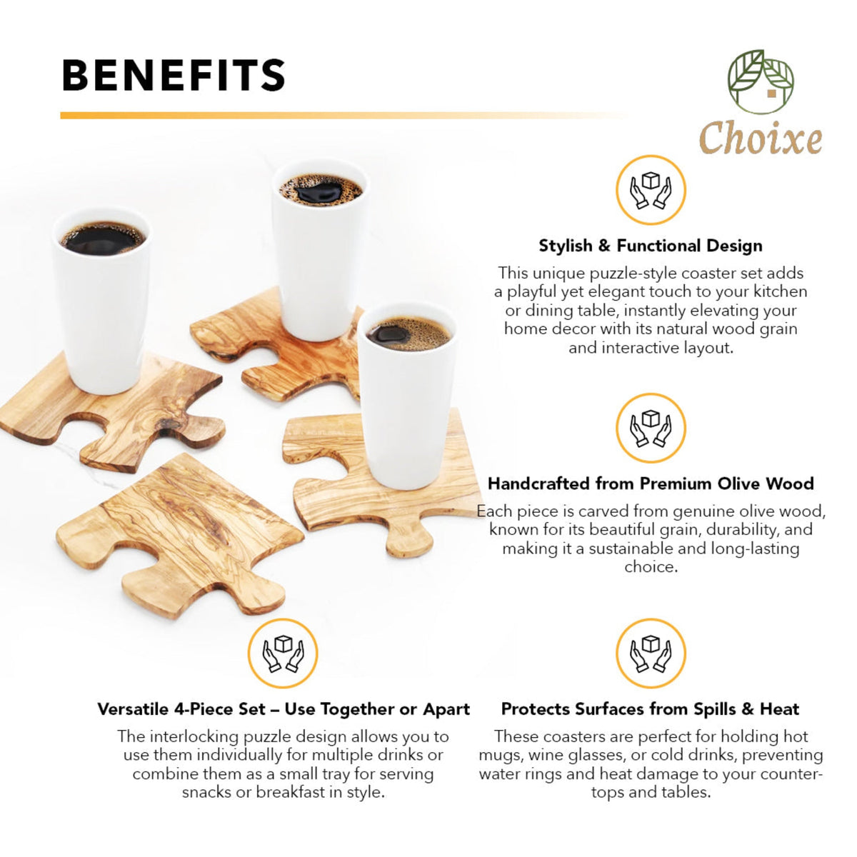 Olive Wood Coaster Puzzle 4-Pcs Set.